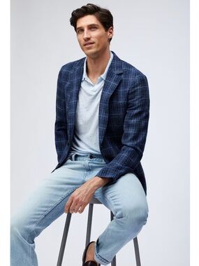 Bonobos Unconstructed Italian Blazer Blue Windowpane Plaid 38R slim fit
